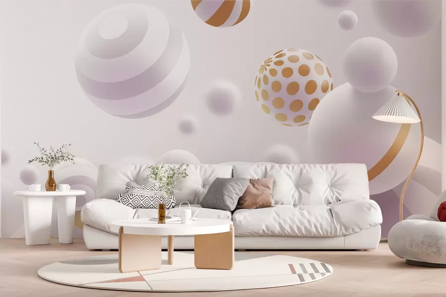 Fotobehang Volumetrische vliegende bollen in 3D-stijl in lichtgrijze tinten met oranje accenten w01148