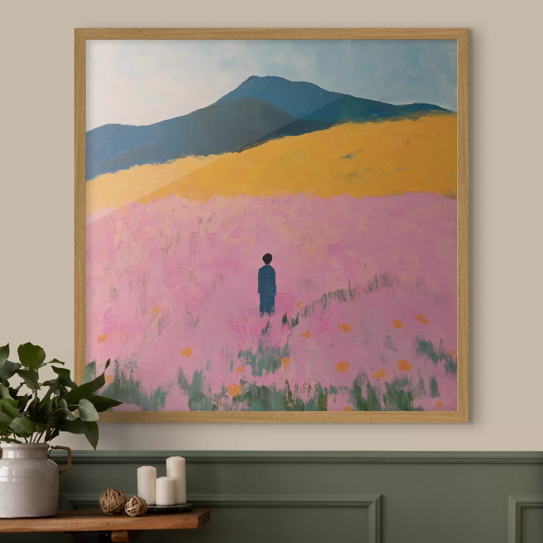 Fotobehang Een man in een veld met roze bloemen f41164