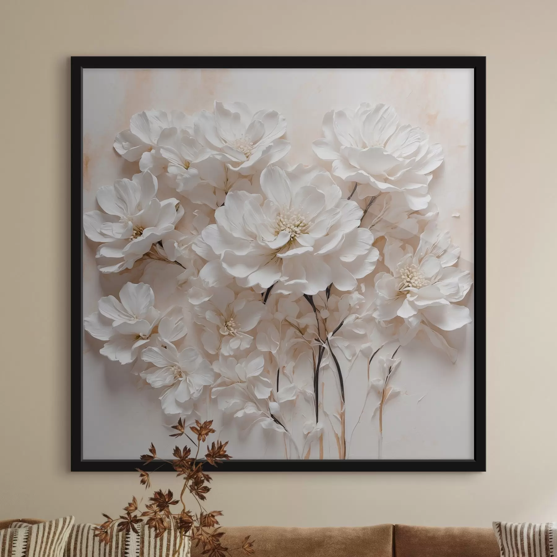 Fotobehang Witte bloemen op wit-oranje achtergrond f41042