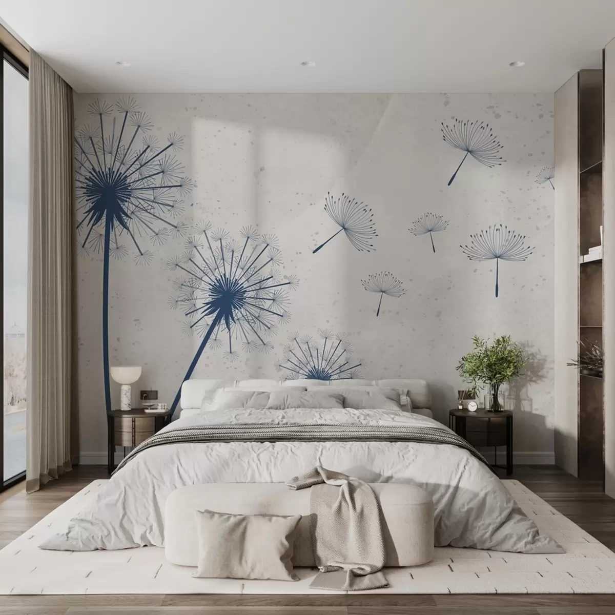 Fotobehang Blauwe paardenbloem op beige achtergrond met textuur w01812v2