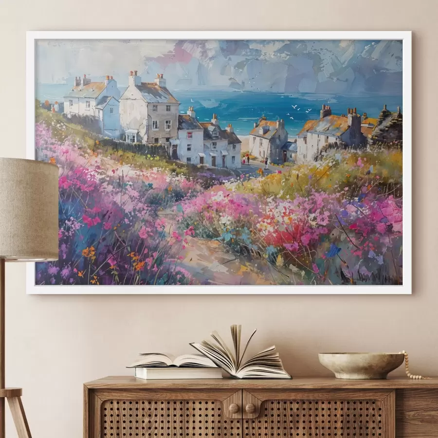 Fotobehang Een kleurrijk olieverfschilderij van een kustplaatsje met witte huizen en een levendige bloementuin op de voorgrond f41090