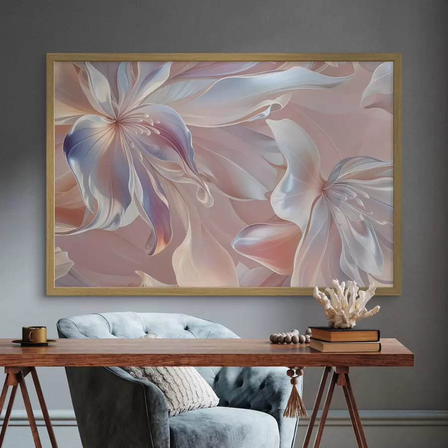 Fotobehang Delicate, pastelkleurige bloemblaadjes met vloeiende vormen en texturen, waardoor een abstracte bloemencompositie ontstaat f41098