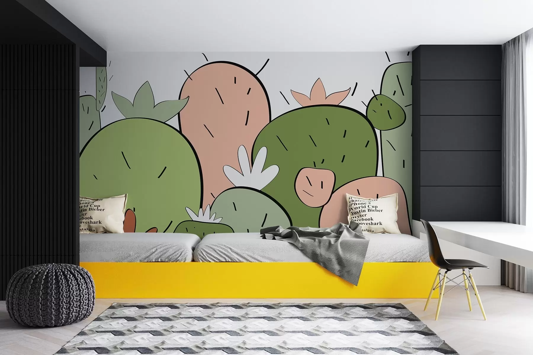 Fotobehang Cactussen lineaire tekening primitieve stijl groen roze kleur w01856