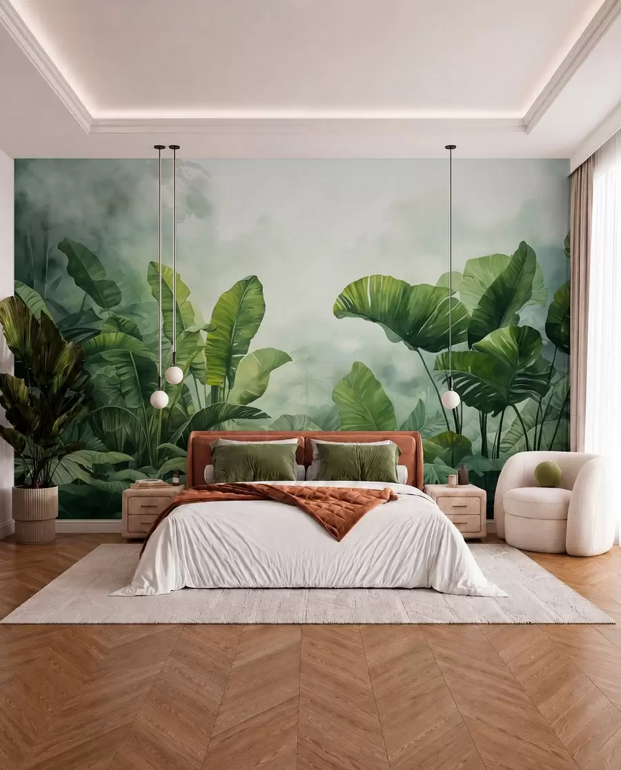 Fotobehang Tropische bladeren in de jungle op de achtergrond van mist nat aquarel w01868