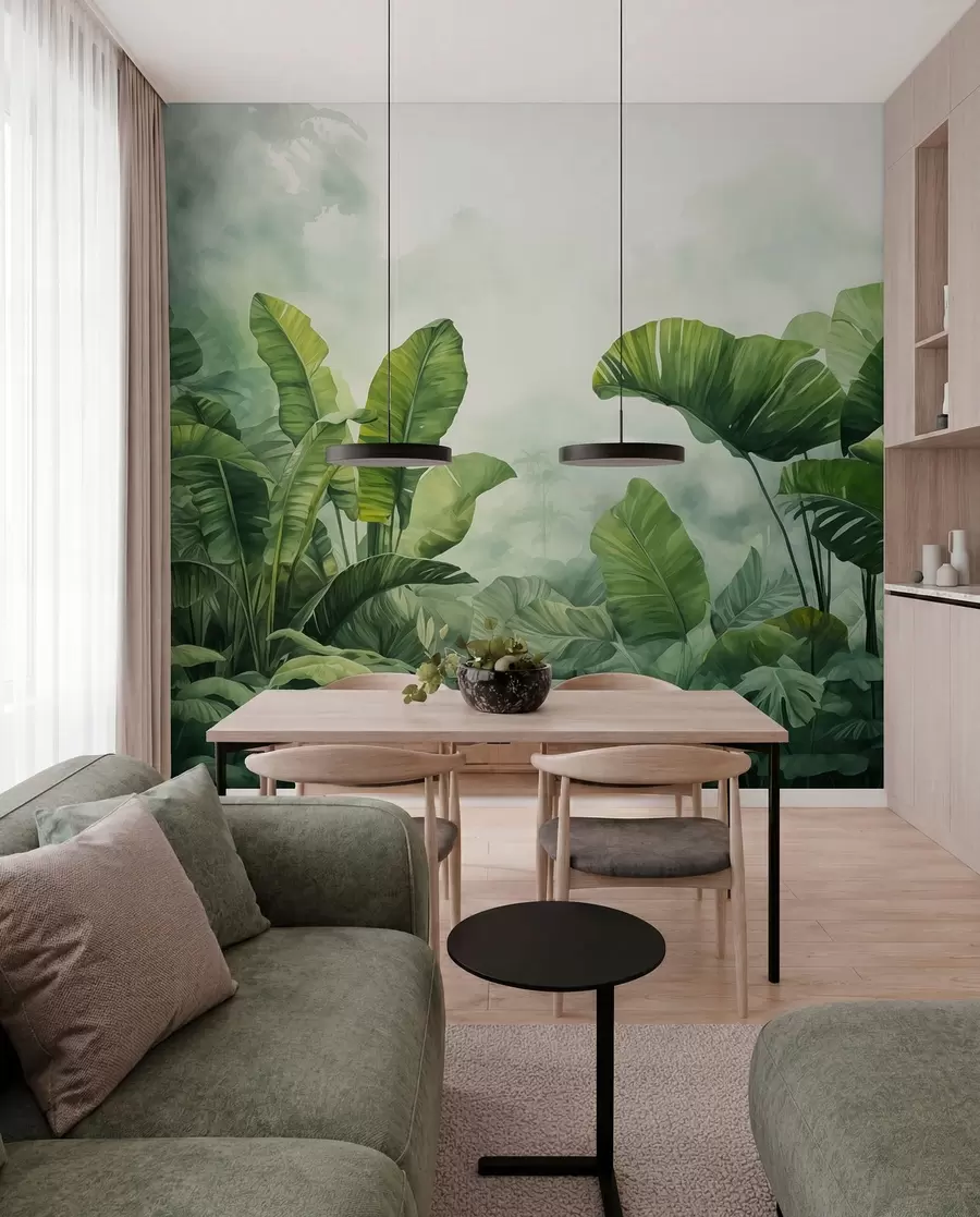 Fotobehang Tropische bladeren in de jungle op de achtergrond van mist nat aquarel w01868