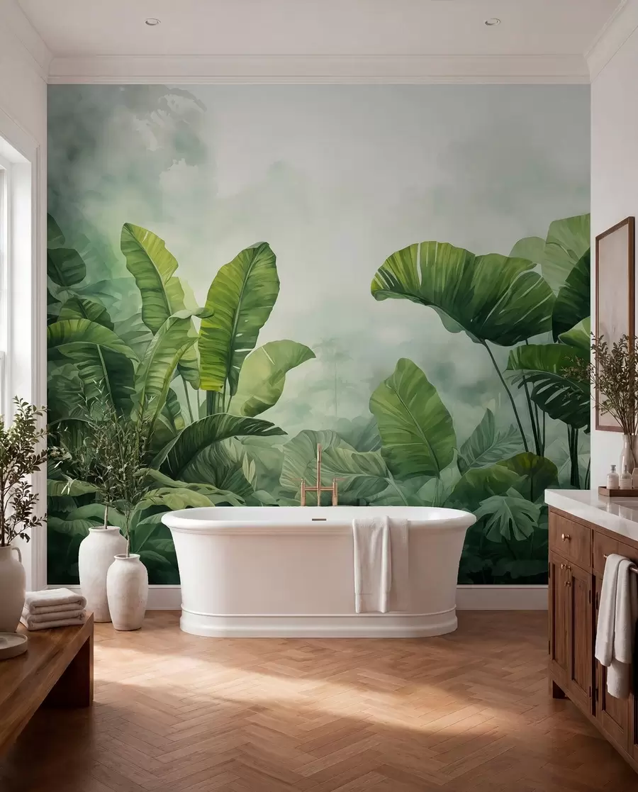 Fotobehang Tropische bladeren in de jungle op de achtergrond van mist nat aquarel w01868