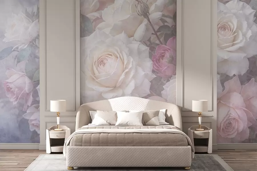 Fotobehang Zachte, pastelkleurige rozen en pioenrozen tegen een vage, mistig grijze textuurachtergrond w08352