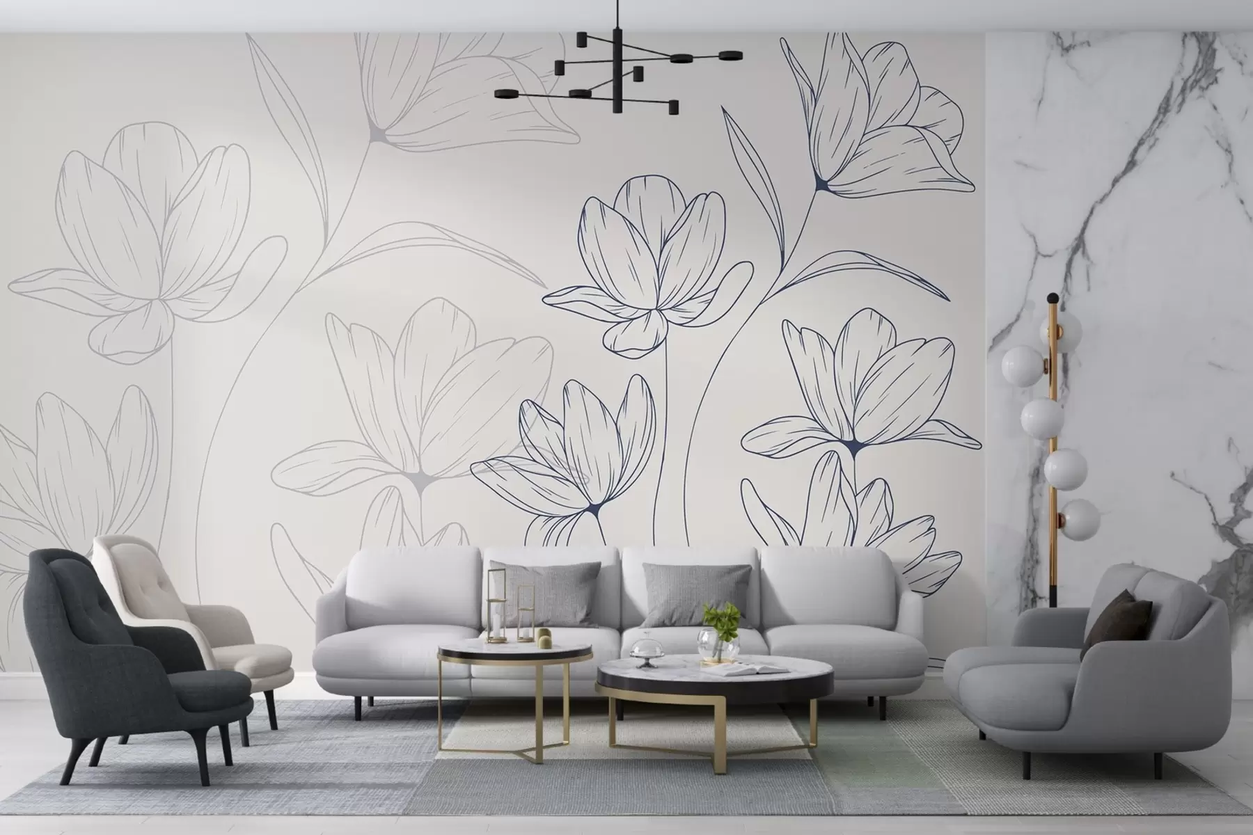 Fotobehang Lichte achtergrond, grote blauwe bloemen w08365