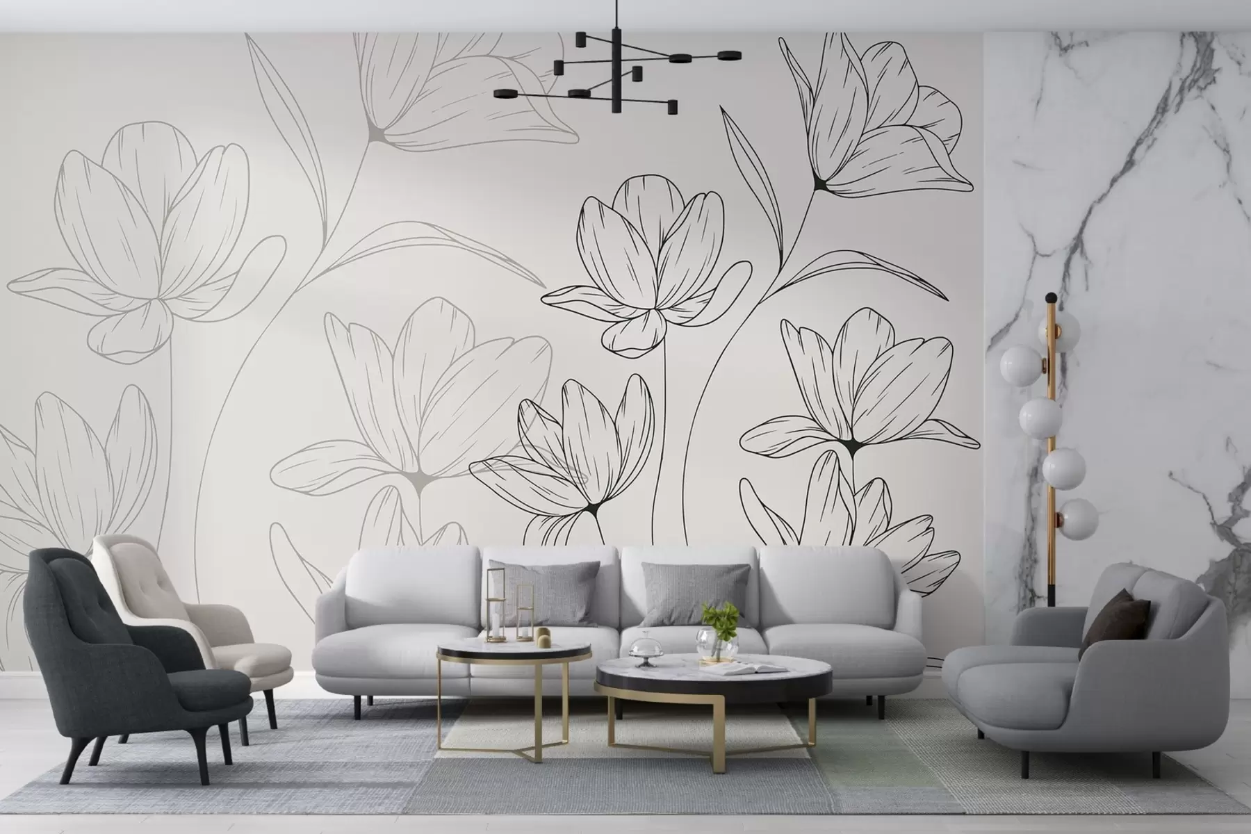 Fotobehang Lichte achtergrond, grote zwarte bloemen w08365v1