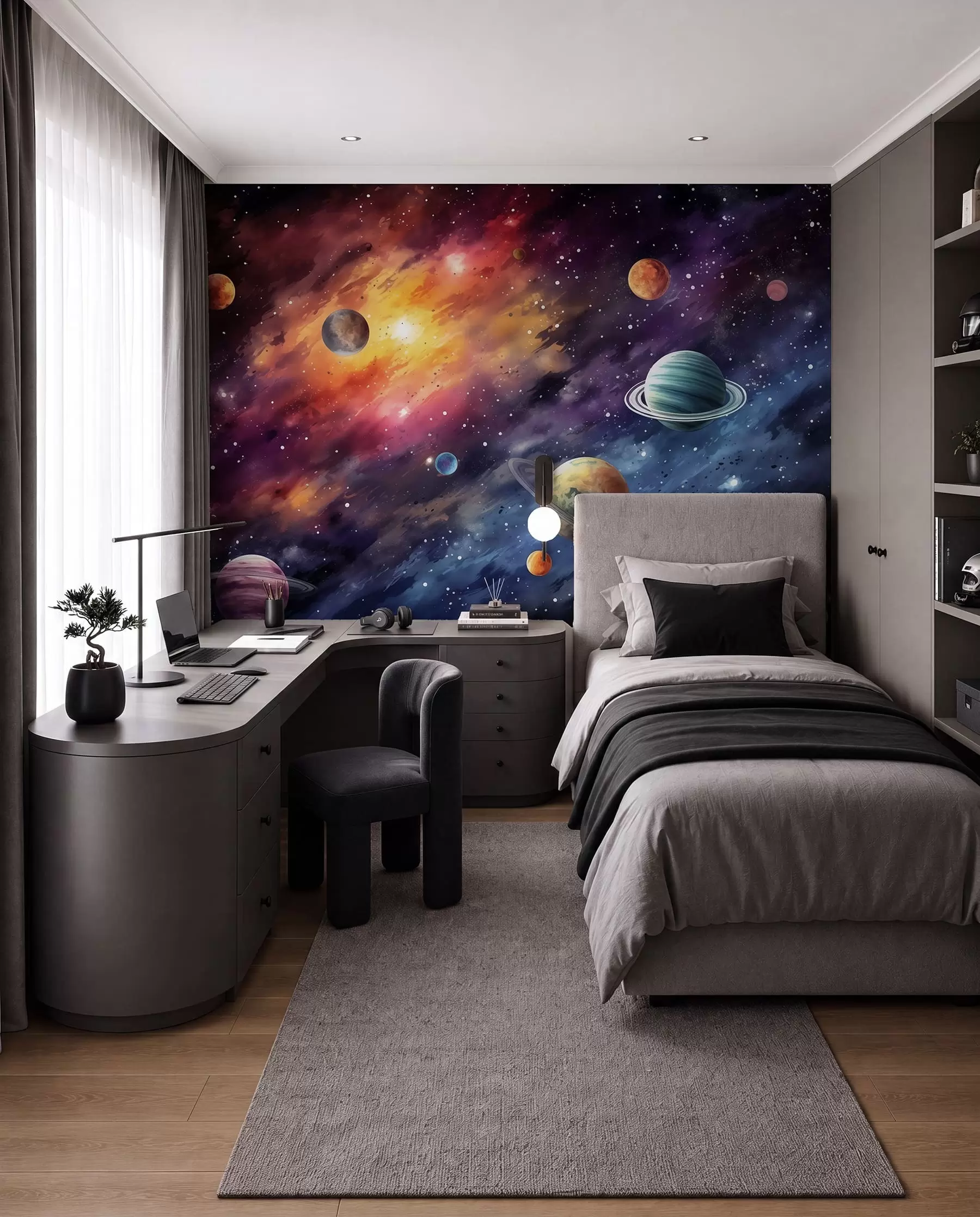Fotobehang Ruimte met planeten en sterren, aquarel, kosmisch w01798
