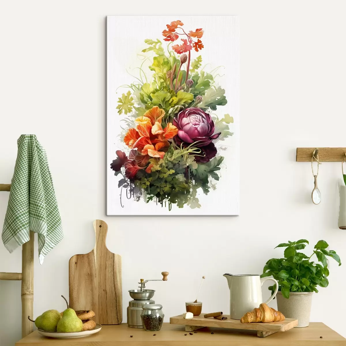  Schilderijen Groenteoogst, aquarel, groen, bloemen s41173
