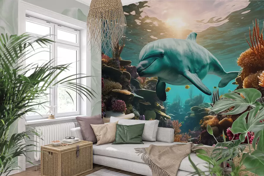 Fotobehang Grote dolfijn in de onderwaterwereld van koraalriffen w01873