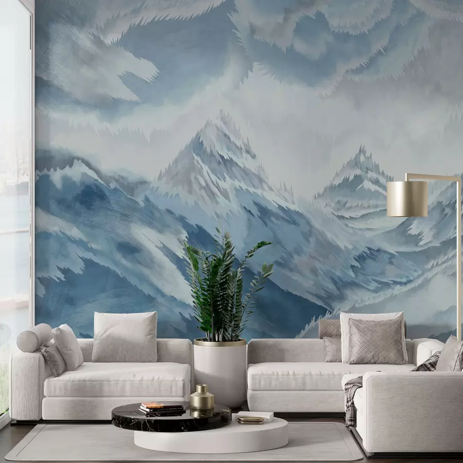 Fotobehang Blizzard in de bergen in grunge stijl en lichtblauwe kleur w01763