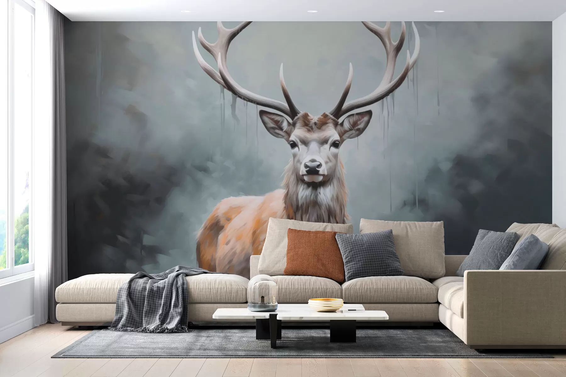 Fotobehang Elegante herten in de mist w01796