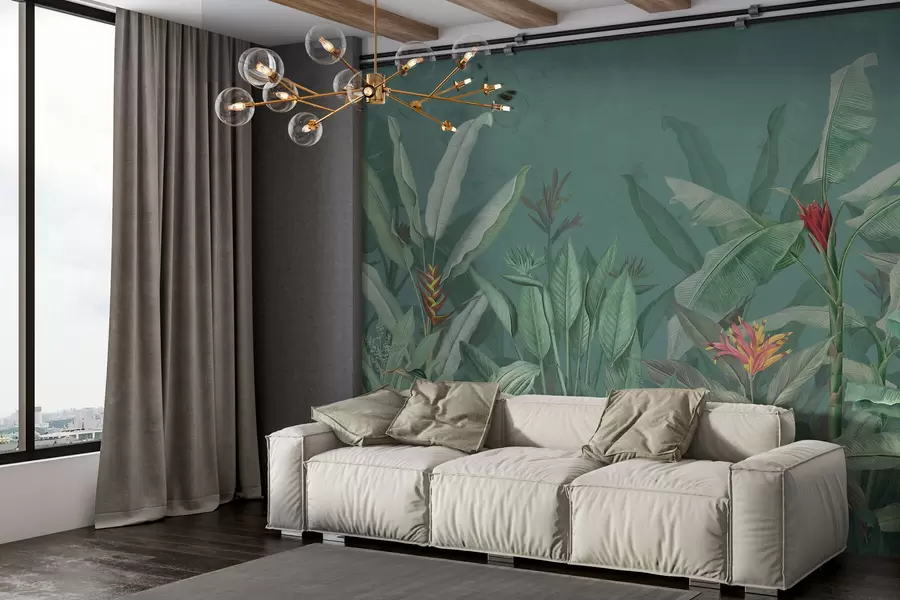 Fotobehang Tropische bladeren en bloemen op een groene achtergrond w01834v2