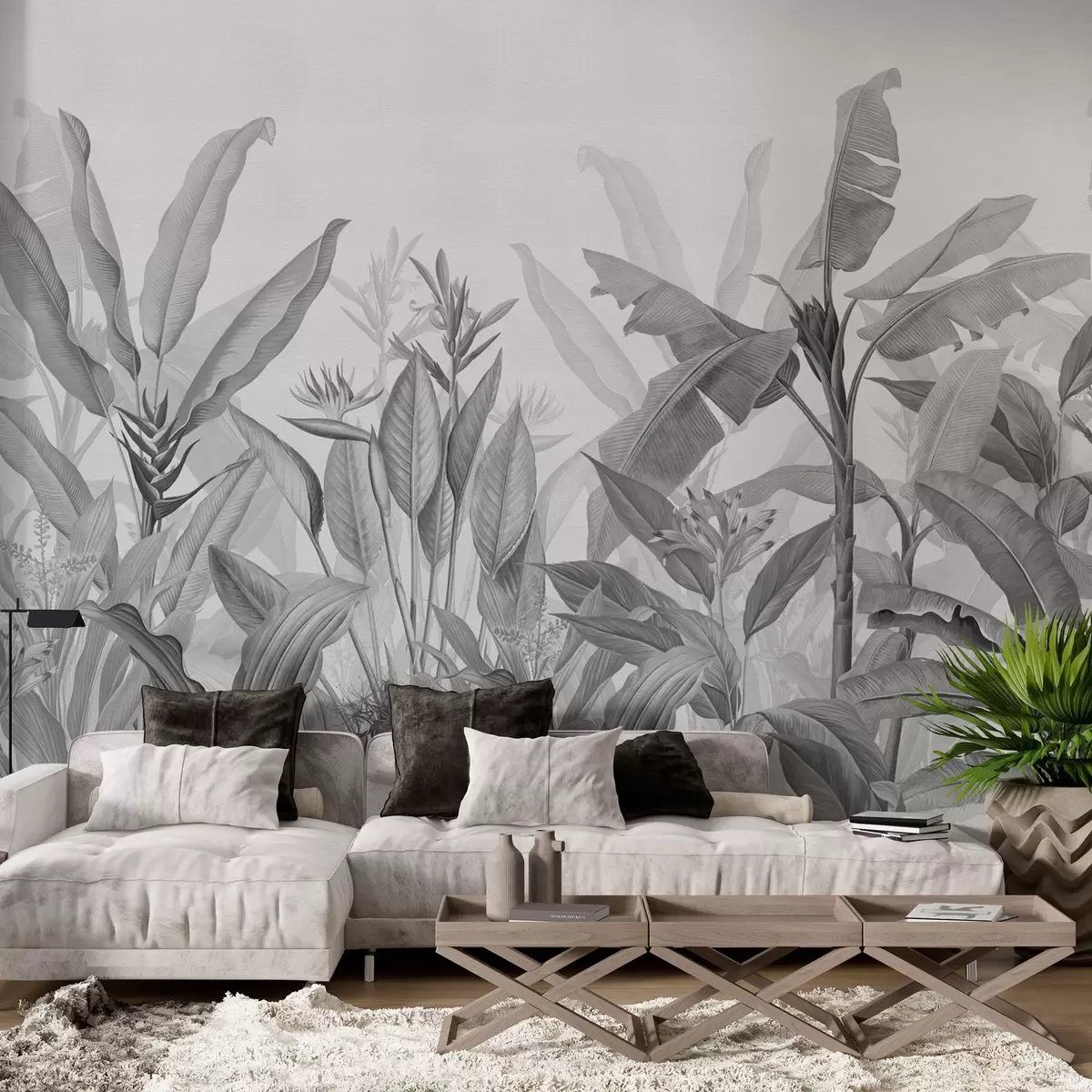Fotobehang Zwart-witte tropische bladeren en bloemen op een lichte achtergrond w01834v3