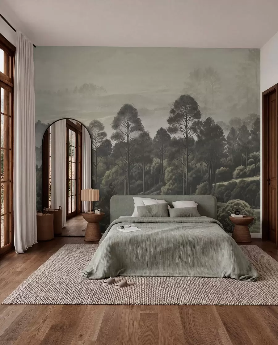Fotobehang Dicht bos en mistige vallei w01871