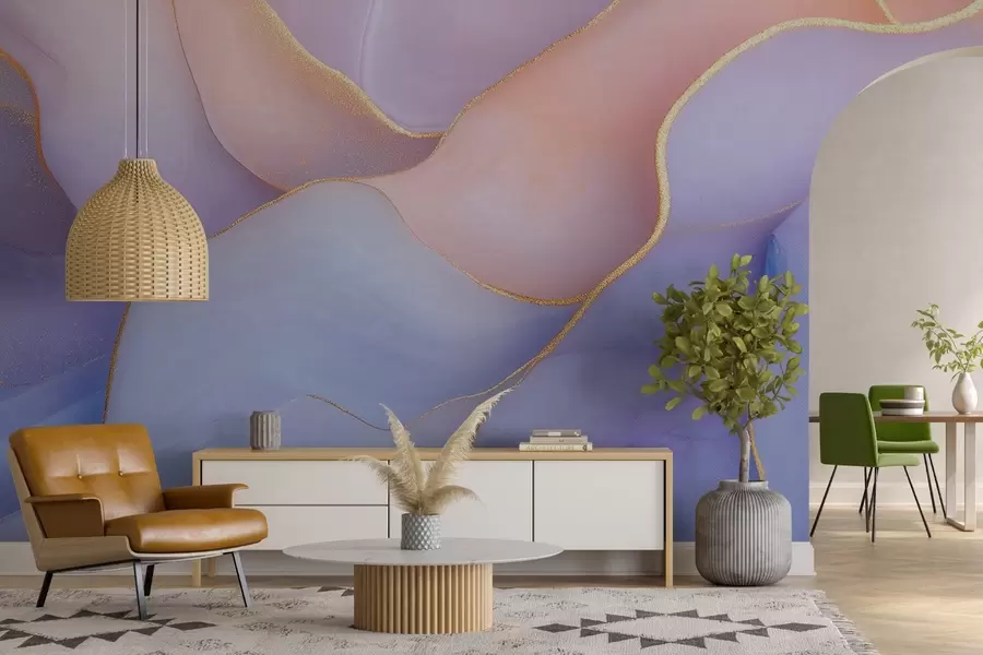 Fotobehang Abstracte compositie met marmeren patronen en delicate aquareltexturen in zachte pastelkleuren w01827