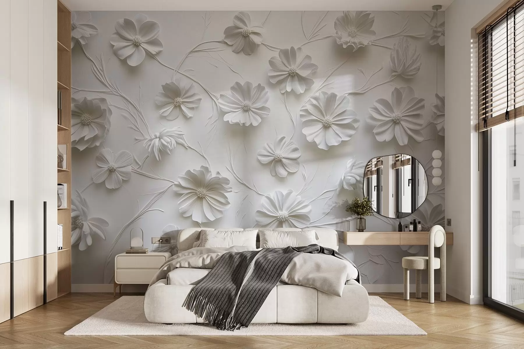 Fotobehang Witte reliëf compositie van bloemen in een minimalistische en verfijnde stijl w01828