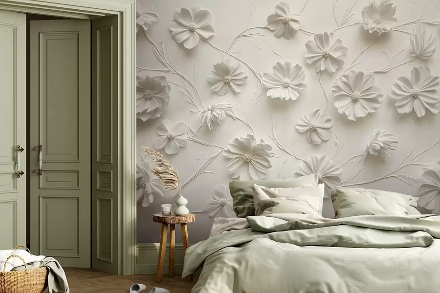 Fotobehang Witte reliëf compositie van bloemen in een minimalistische en verfijnde stijl w01828
