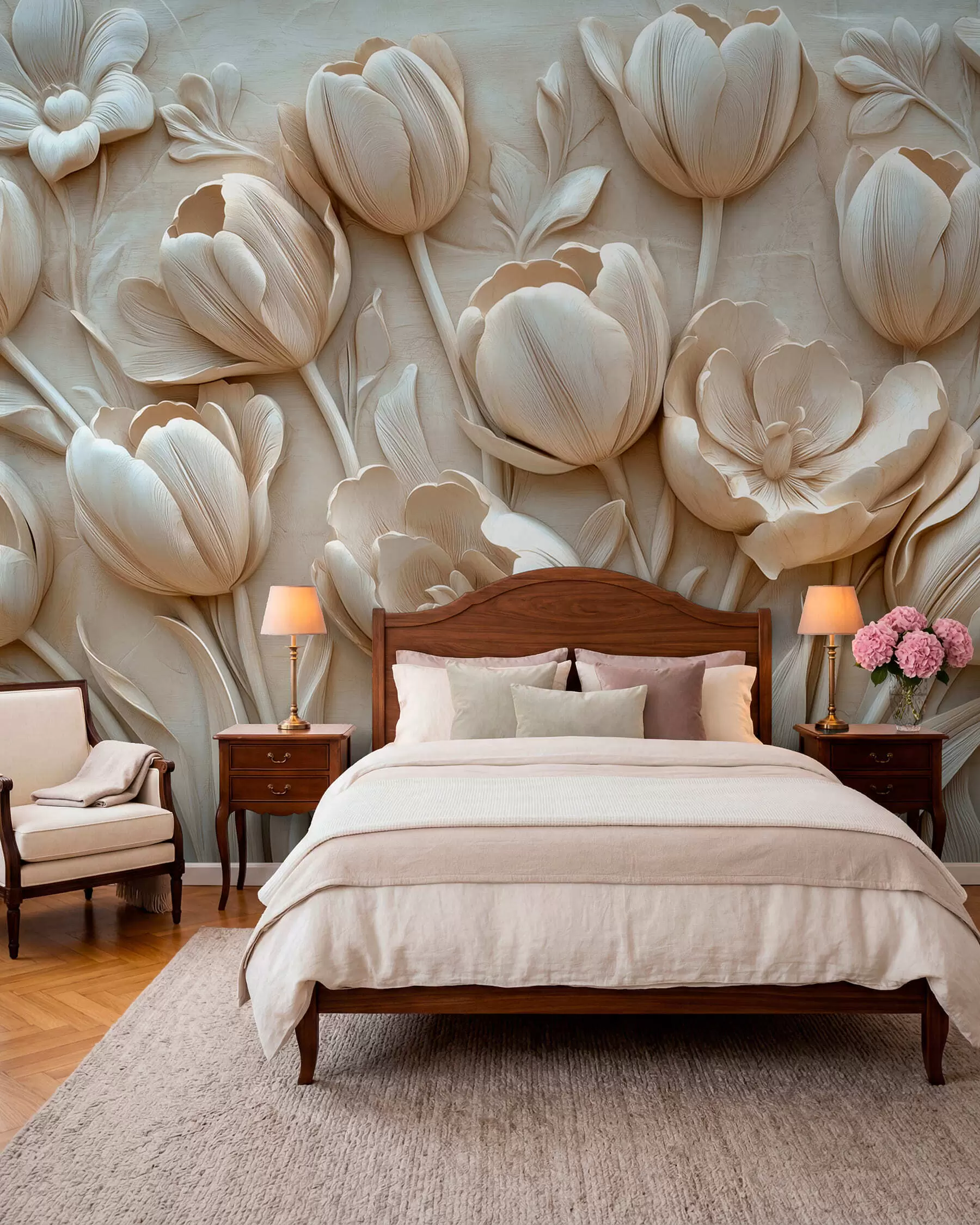 Fotobehang 3D bloemsierkunst met sierlijke tulpen in beige kleur w01851