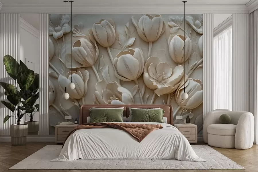 Fotobehang 3D bloemsierkunst met sierlijke tulpen in beige kleur w01851