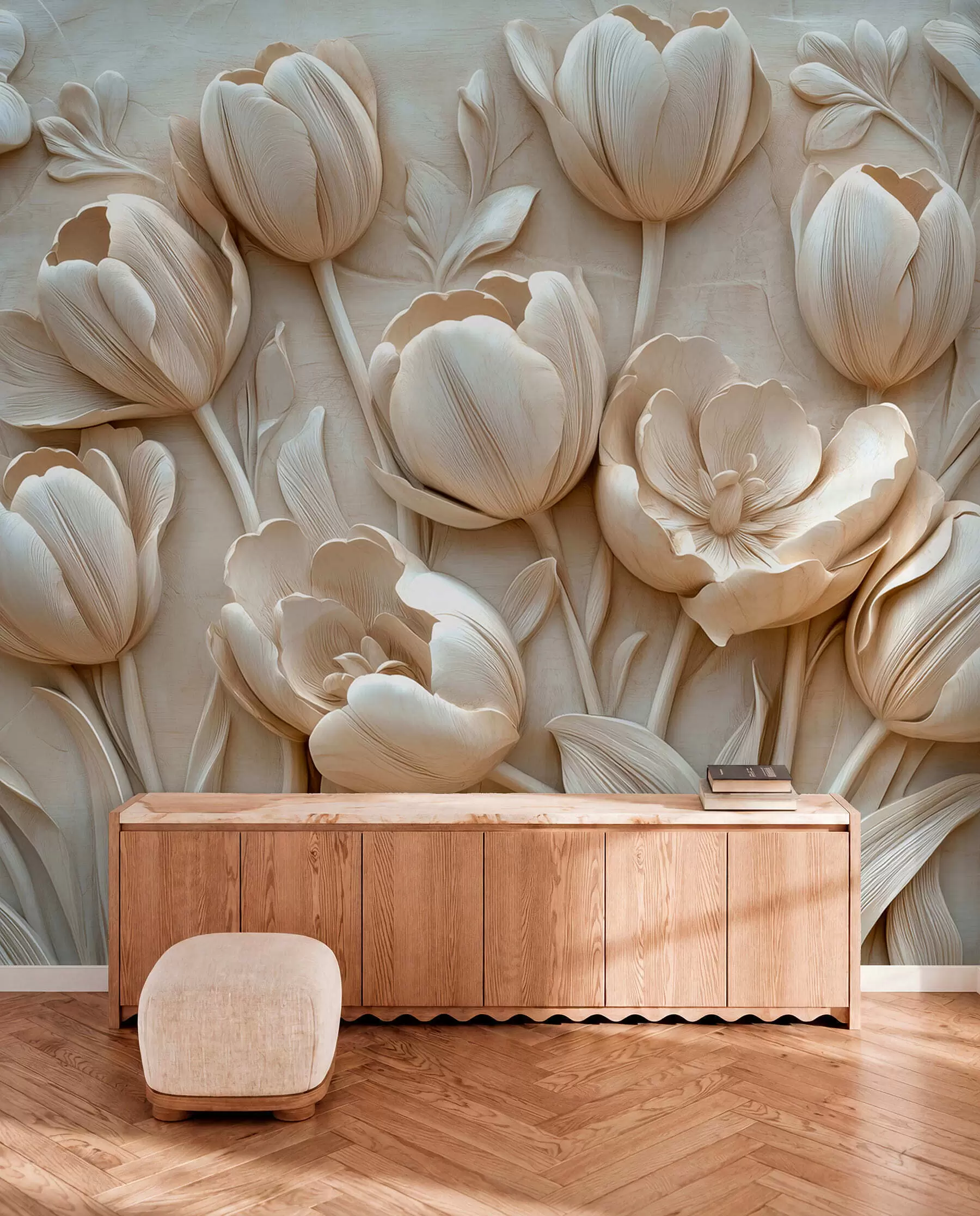 Fotobehang 3D bloemsierkunst met sierlijke tulpen in beige kleur w01851