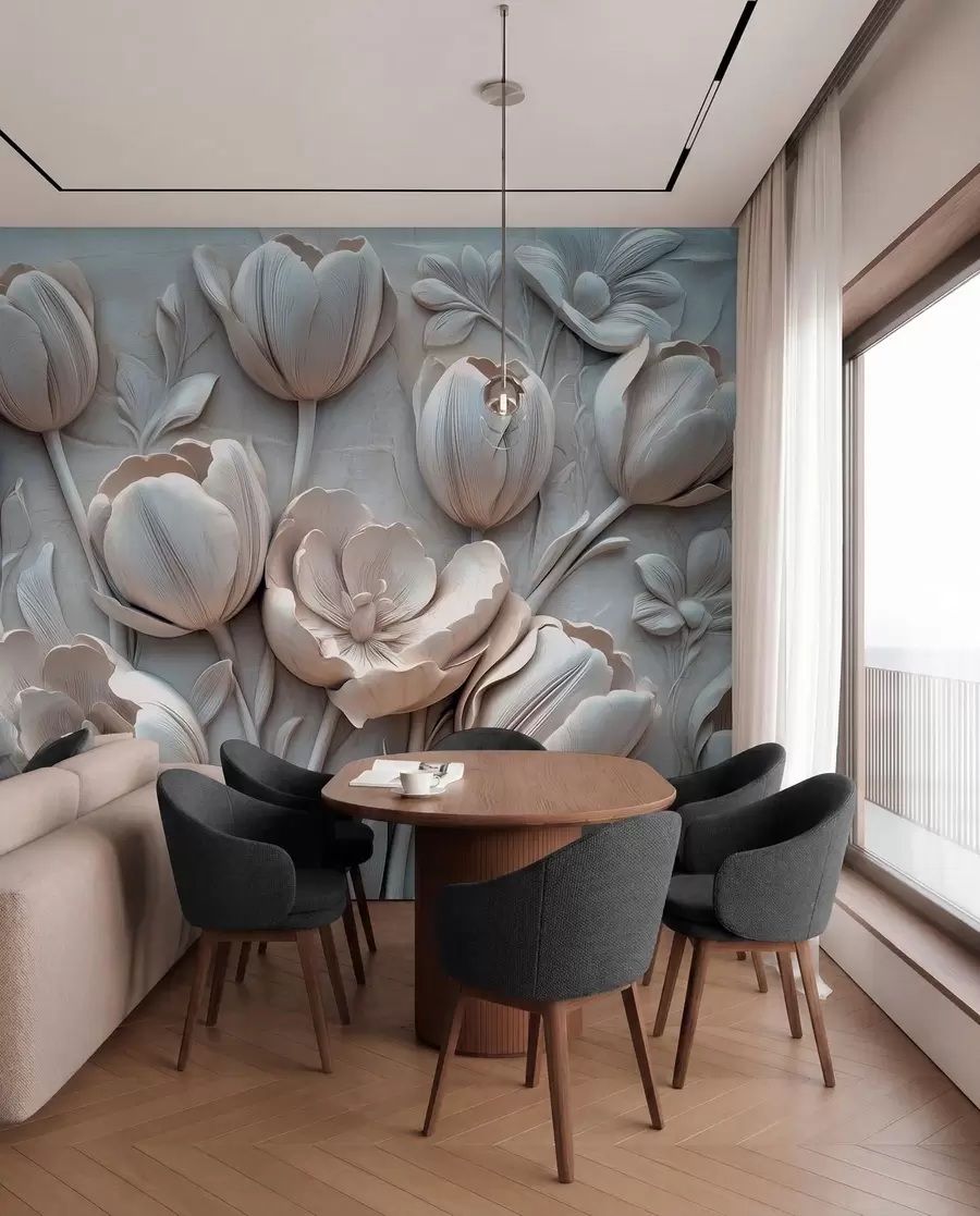 Fotobehang 3D bloemsierkunst met sierlijke tulpen in grijze kleur w01851v1
