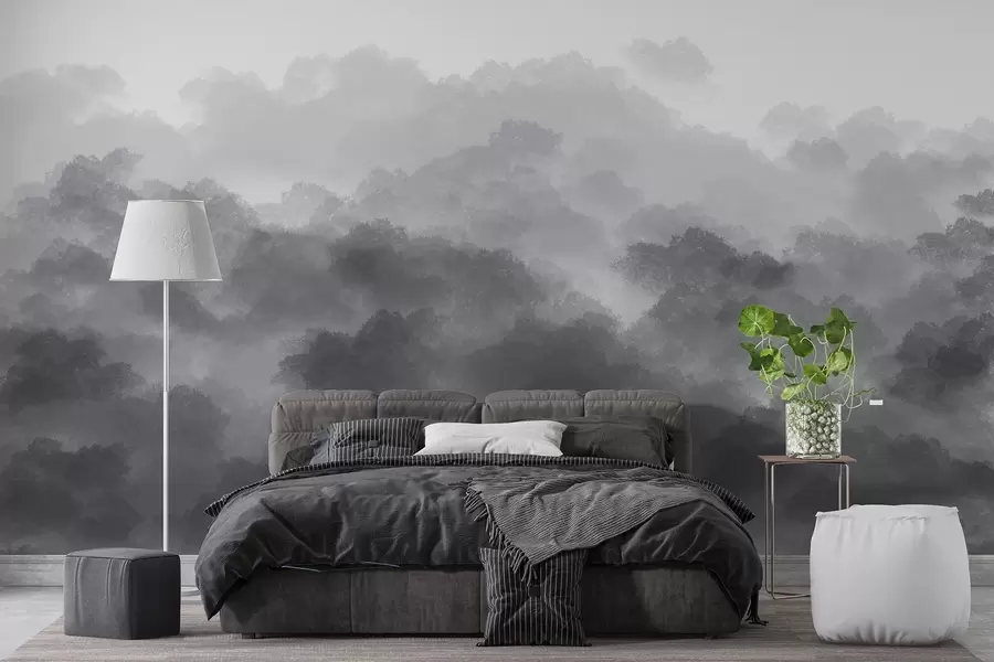 Fotobehang Bos in de mist, natuurlandschappen, grijze kleur w01880v3