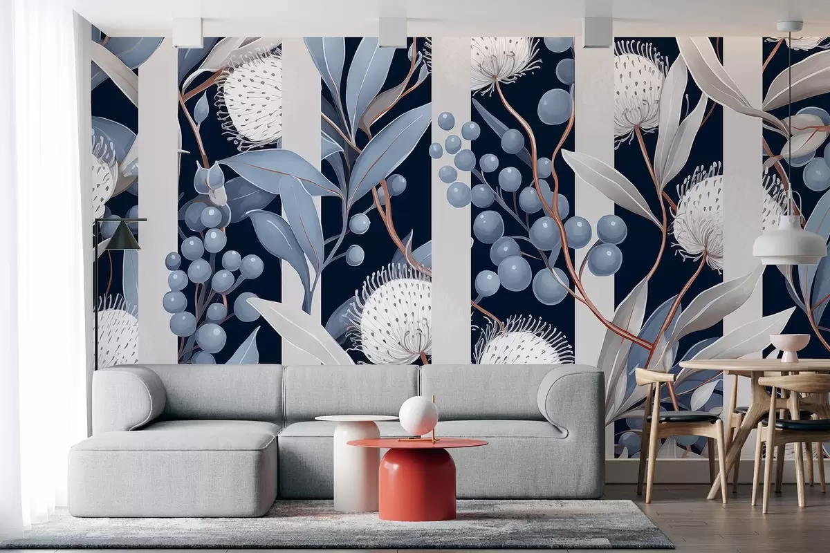 Fotobehang Bloemen ornament met wilde bessen, vintage, blauwe en grijze kleuren w01886