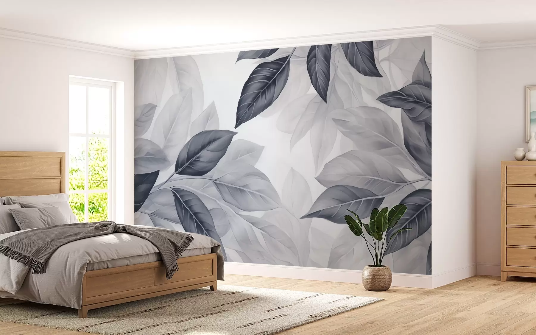 Fotobehang Bladeren in grijstinten w01908