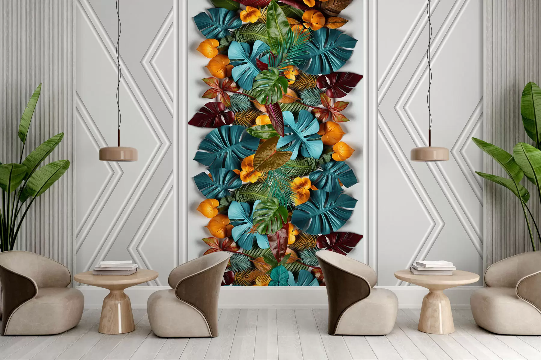 Fotobehang 3D behang met kleurrijke tropische bladeren en geometrie op een grijze achtergrond w01876
