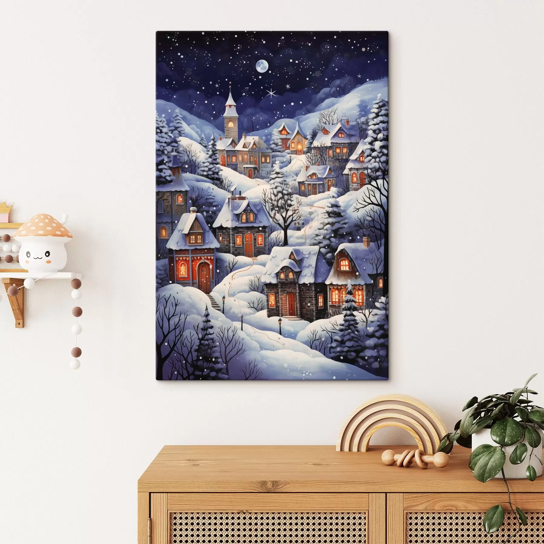 Fotobehang Winterlandschap met besneeuwde landelijke huizen tegen de achtergrond van de nachtelijke sterrenhemel s41275