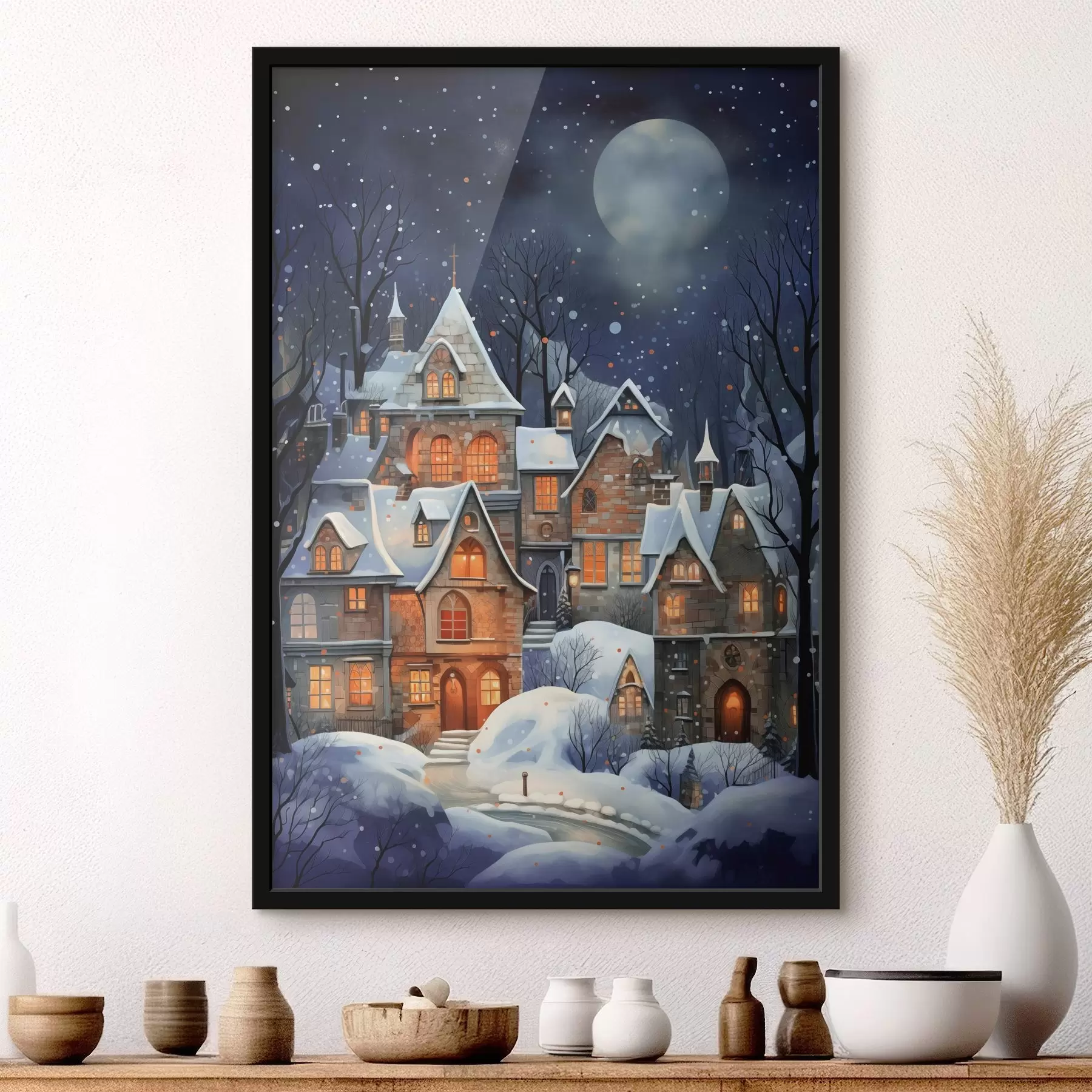 Fotobehang Huizen in de sneeuw tegen de achtergrond van de sterrenhemel f41276
