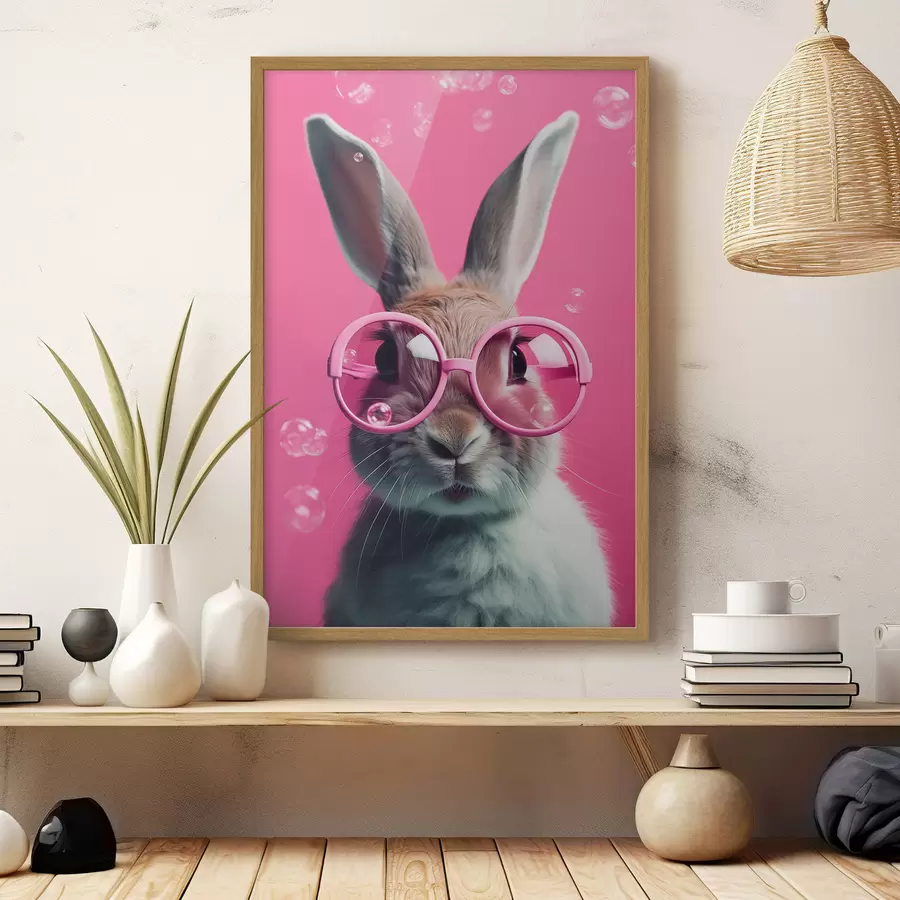 Fotobehang Konijn in roze bril op roze achtergrond f41280