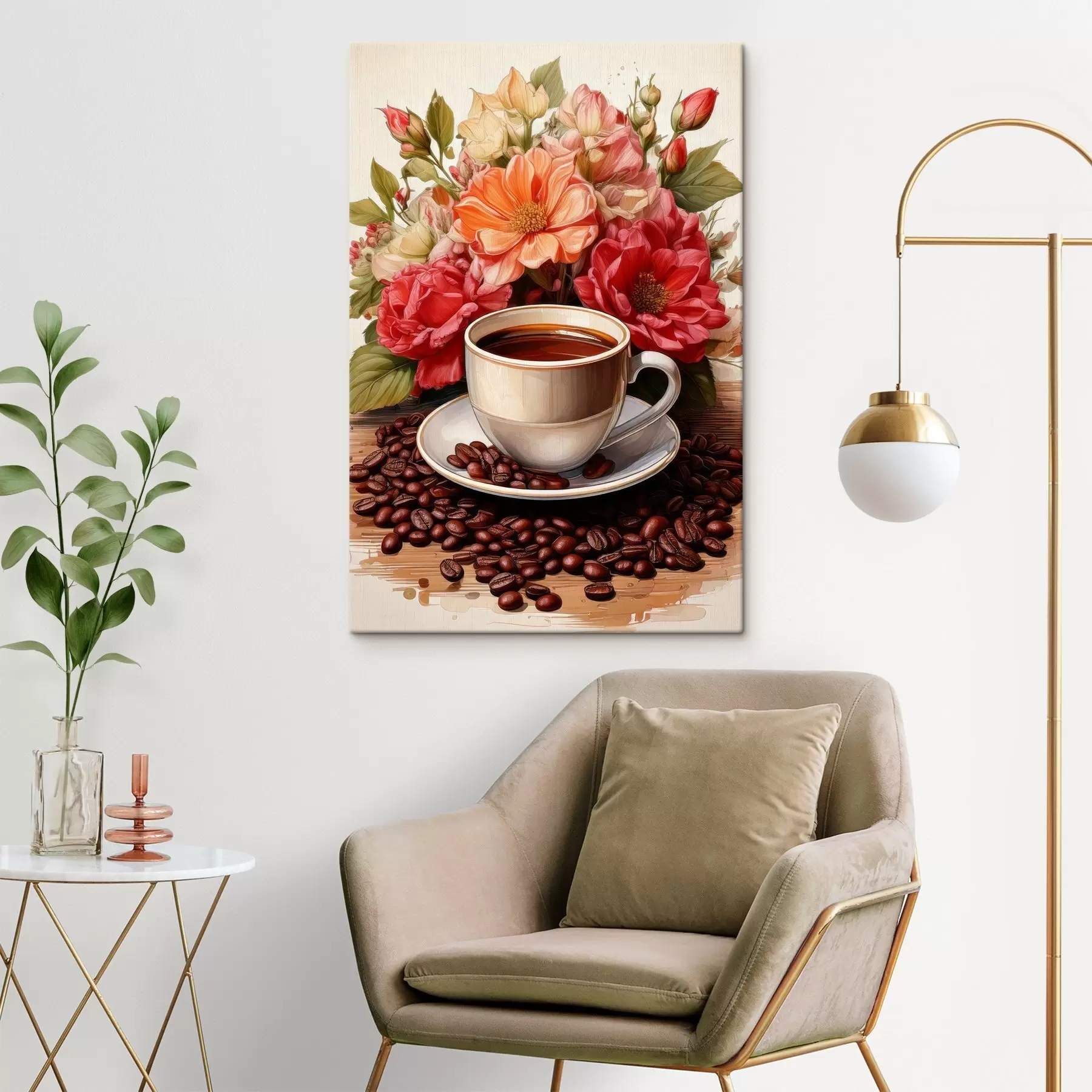 Fotobehang een kop koffie en een boeket bloemen s41411