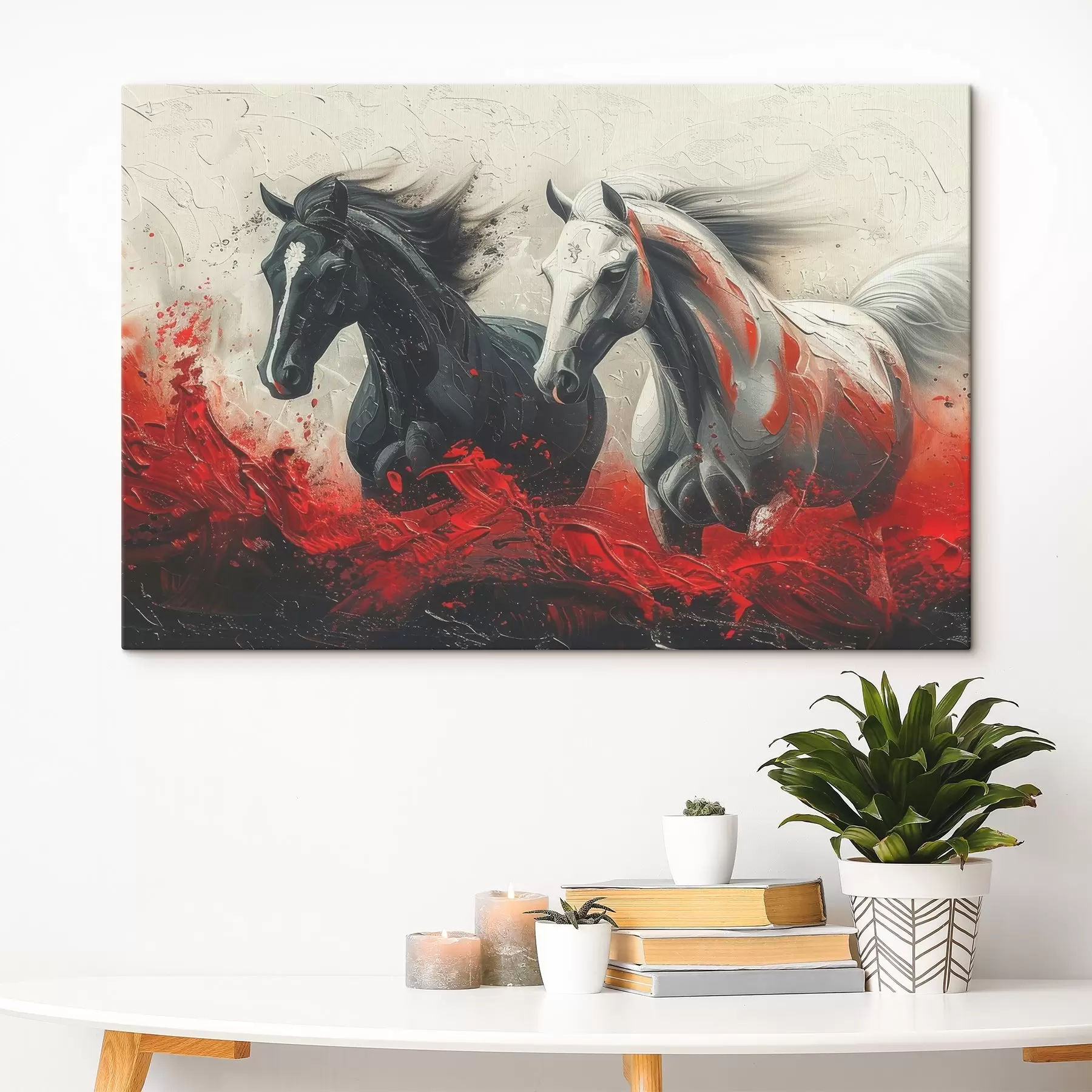  Schilderijen Een schilderij van rennende paarden met rode verf s37769