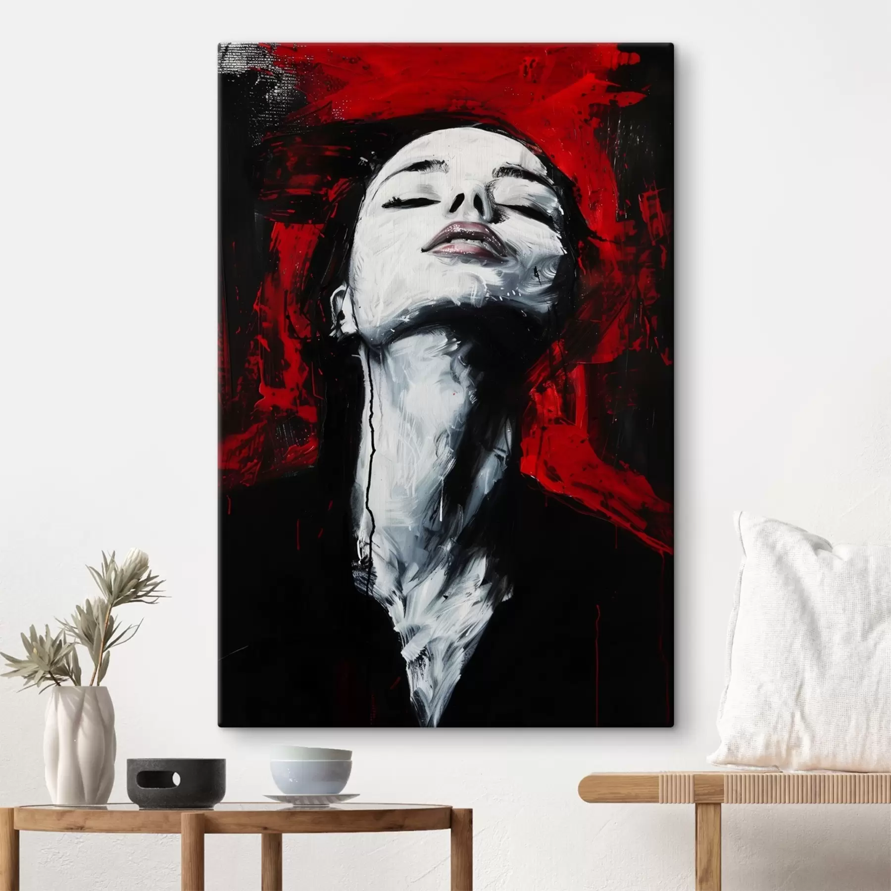  Schilderijen Schilderij van een vrouw met gesloten ogen met het Andy Warhol Museum op de achtergrond. s38557