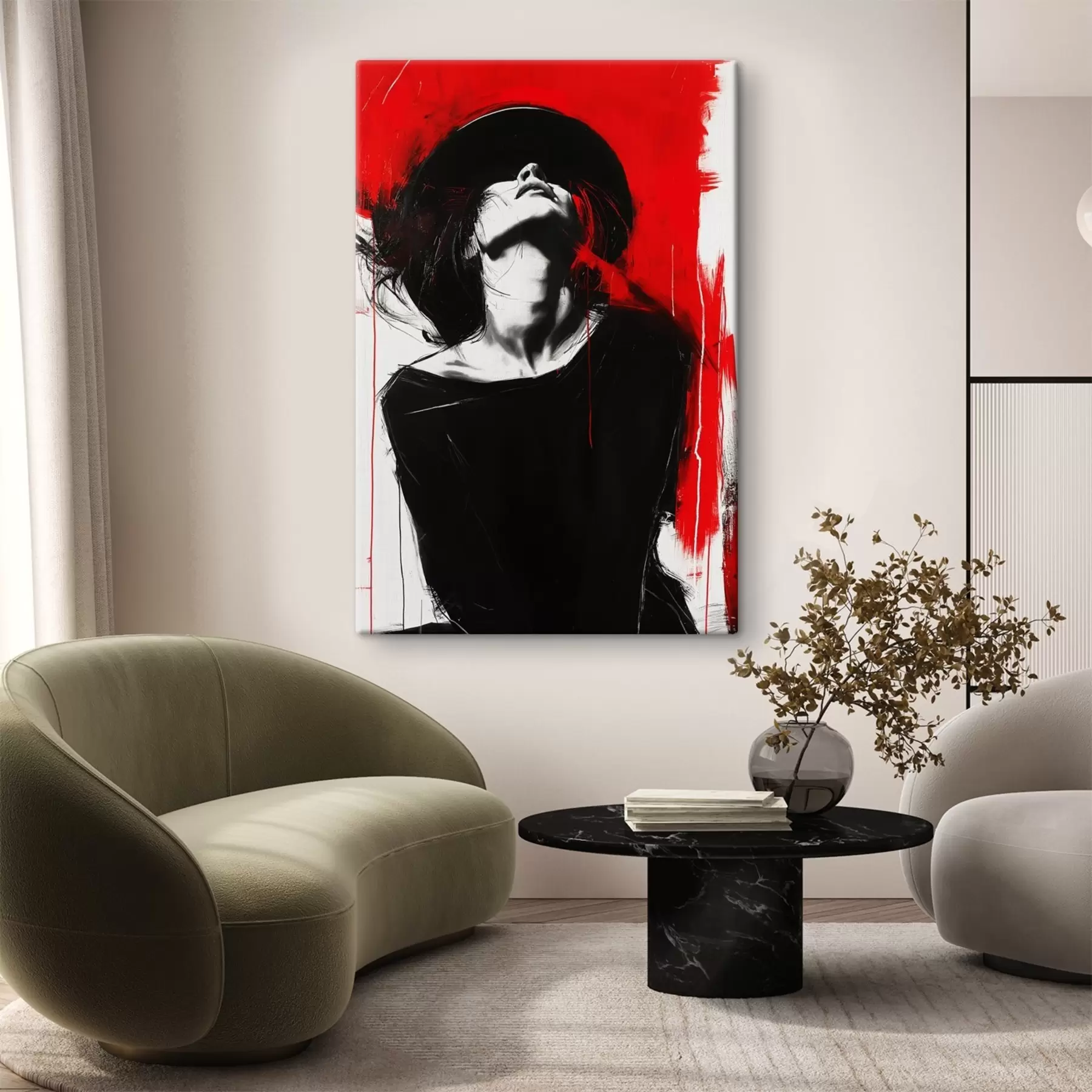 Fotobehang Een vrouw met een zwarte hoed op een rode achtergrond s38561