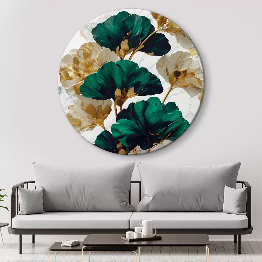 Fotobehang Groene en witte bloemen op witte marmeren achtergrond r36646