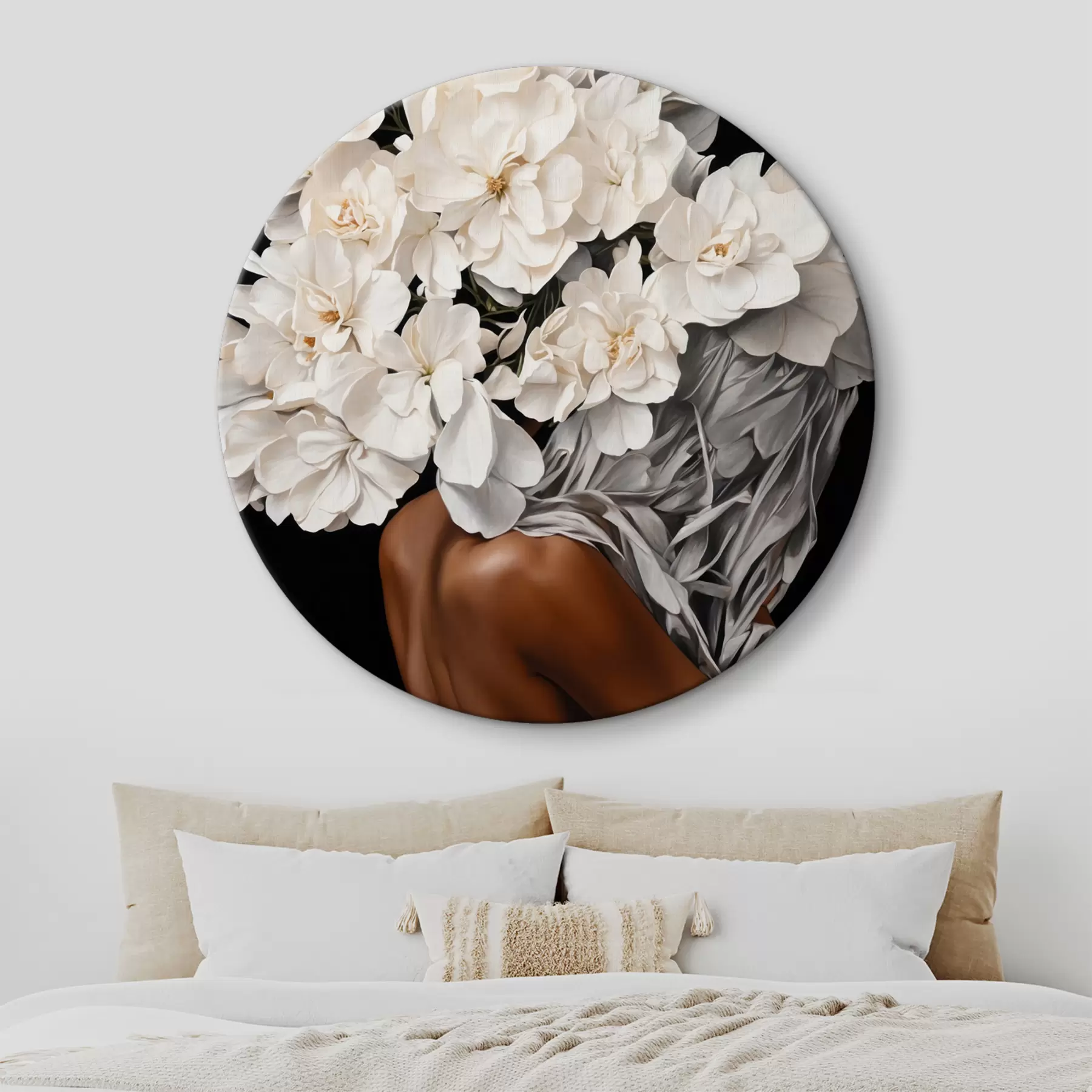  Schilderijen Vrouw met witte bloemen op zwarte achtergrond r37163