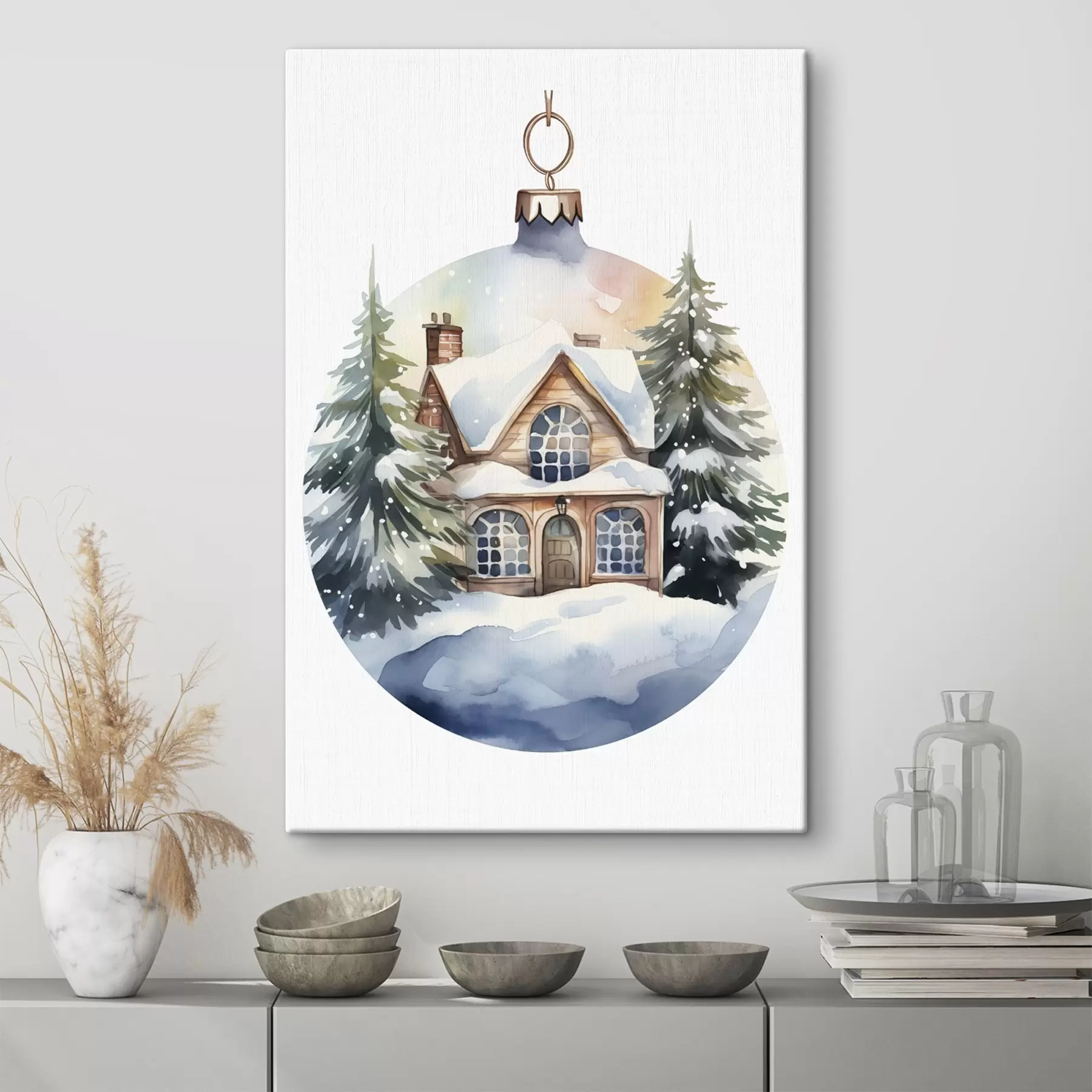  Schilderijen Decoratieve kerstbal met aquarel huis in de sneeuw, dennenbomen s41363