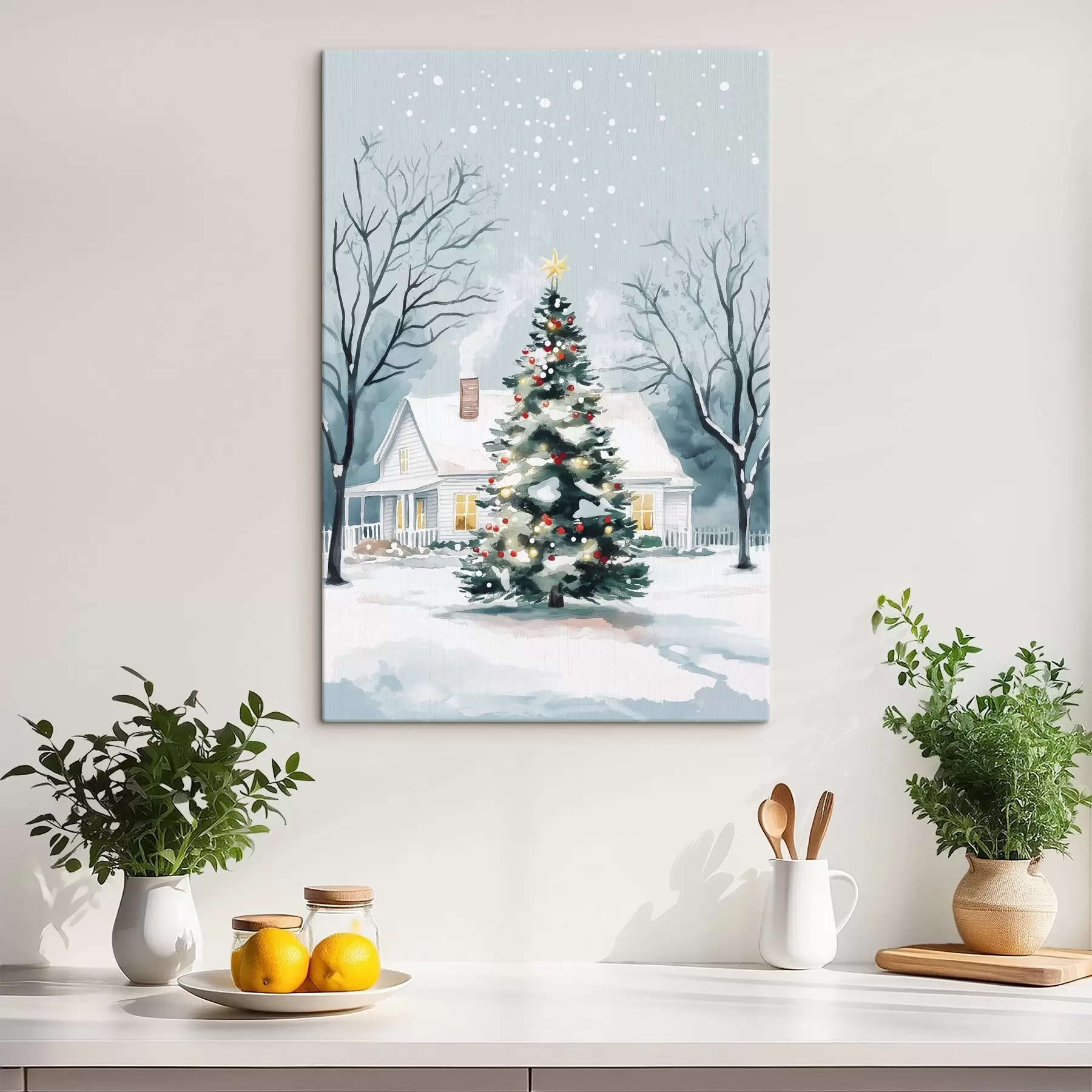  Schilderijen Winterstad, versierde dennenboom, kerstmis, aquarel s41364