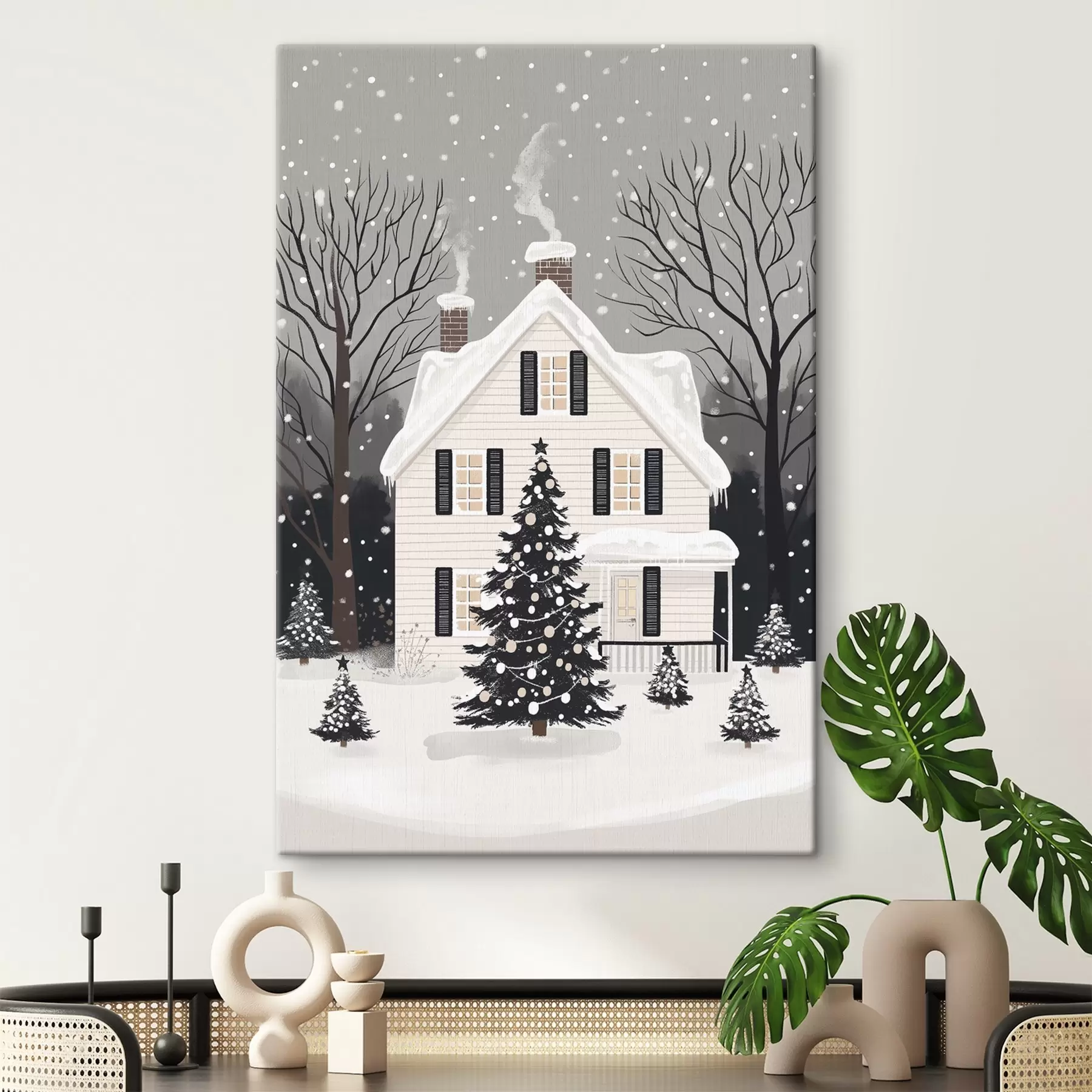 Fotobehang Winterstad, versierde dennenboom, Kerstmis, bos, mooi huis s41371
