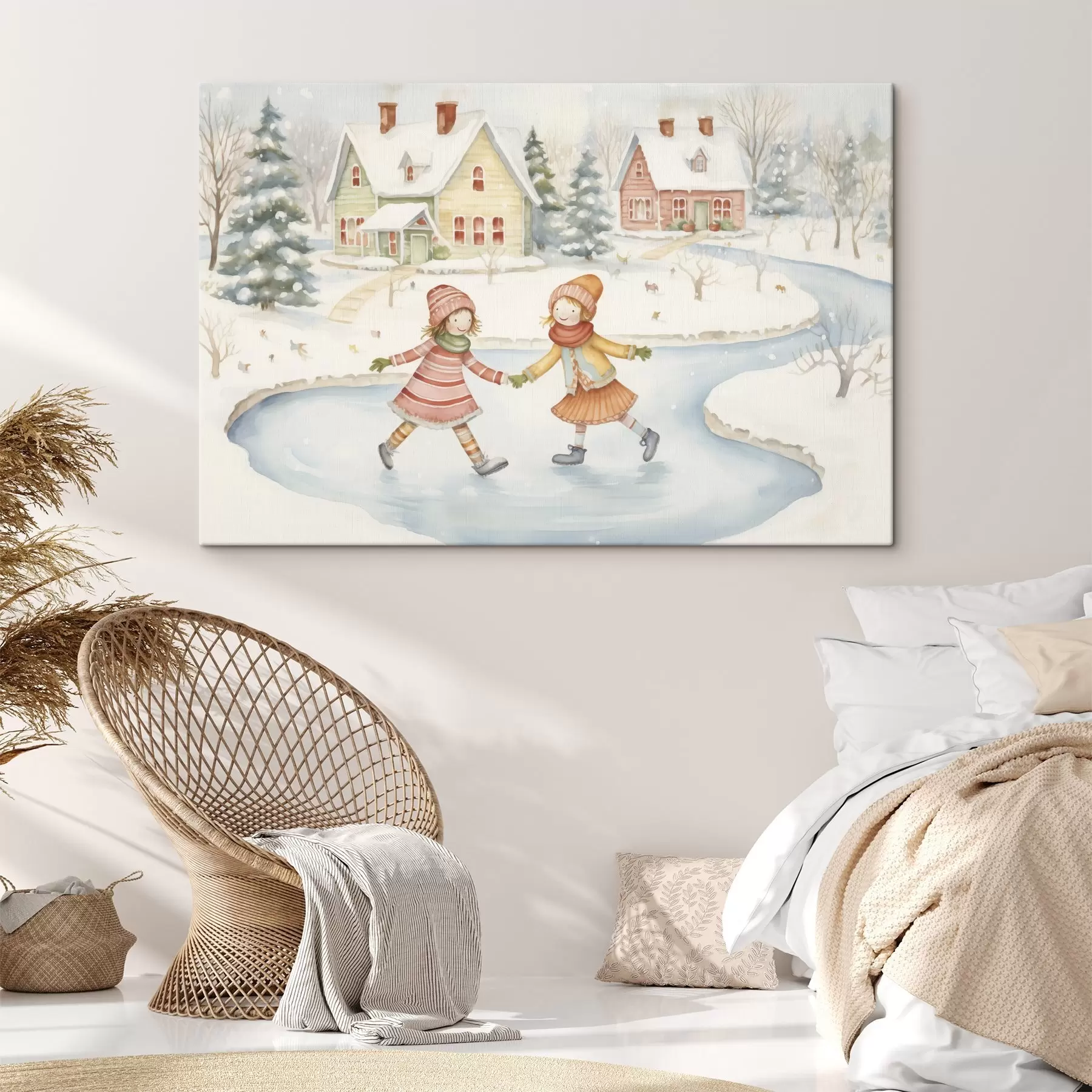 Fotobehang Winterscène met twee meisjes die, winterstad, huizen, bos schaatsen s41377
