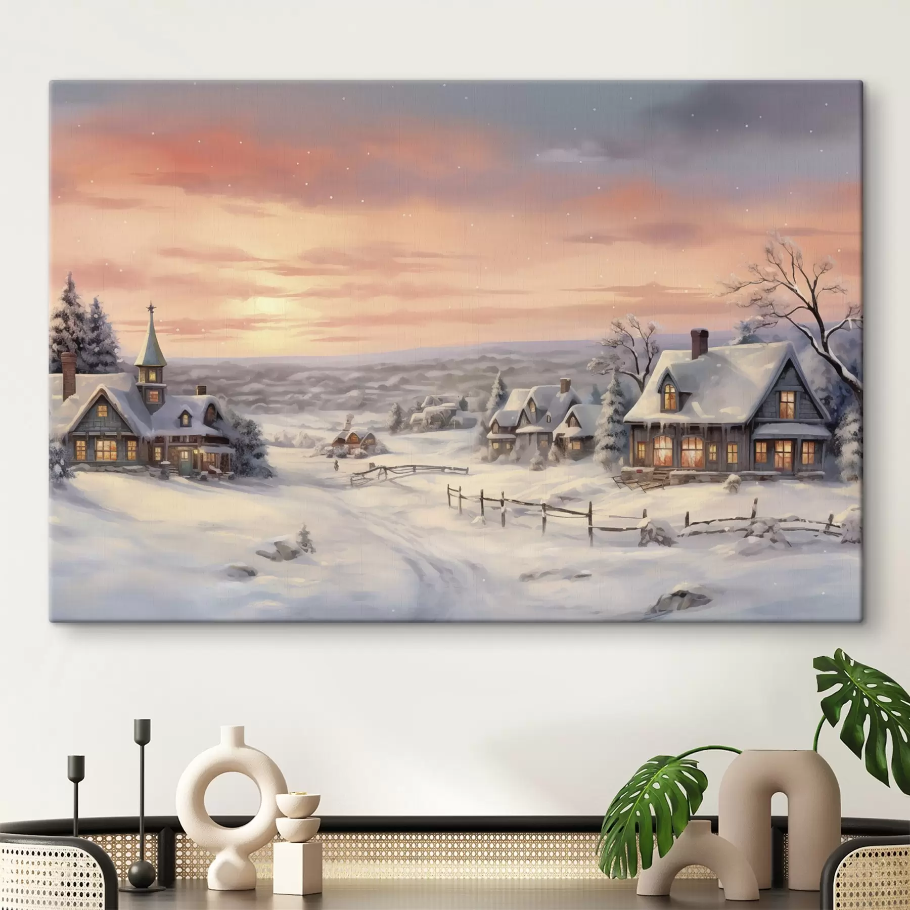  Schilderijen Zonsondergang in het winterdorp, rustiek, aquarel, sneeuwvlokken s41386