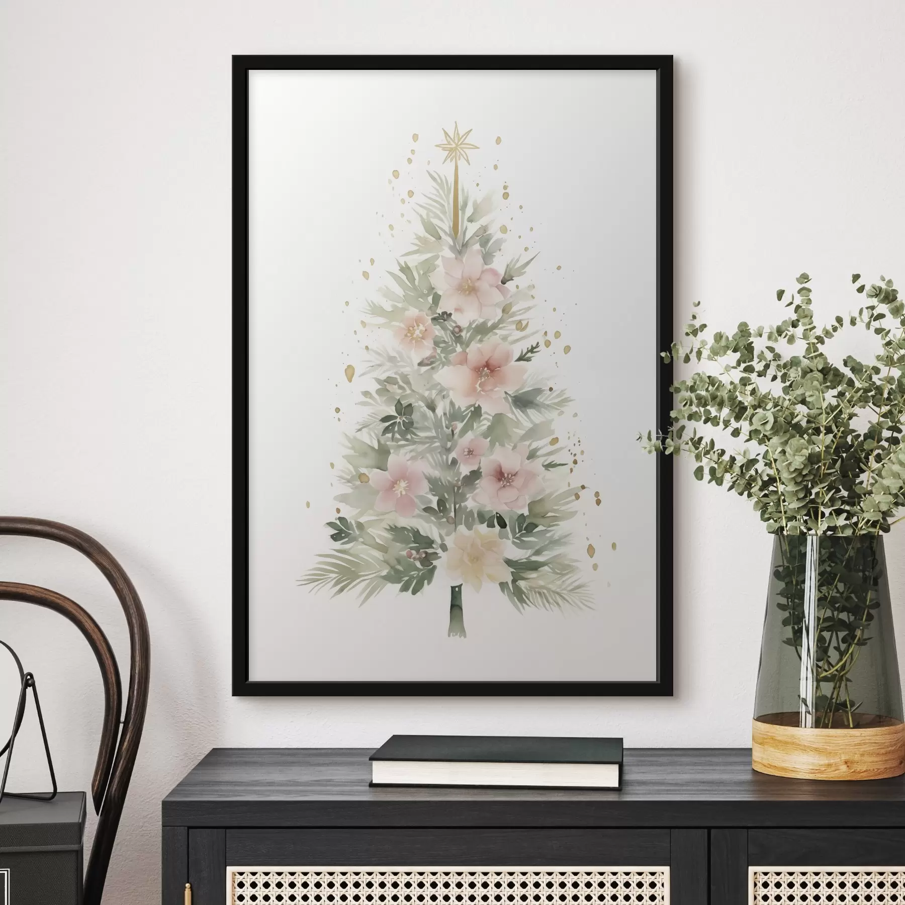 Fotobehang Aquarel kerstboom, dennenboom, bloemen f41360