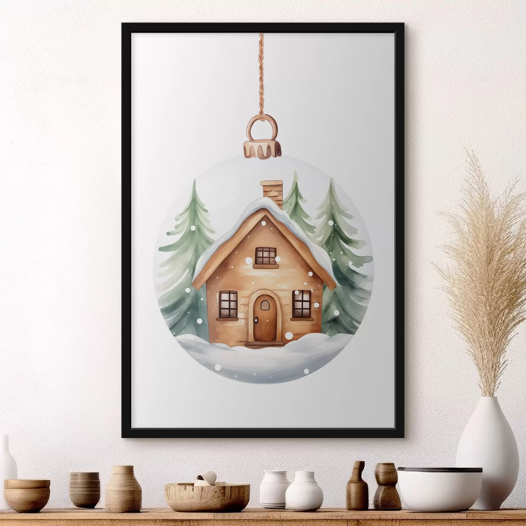 Fotobehang Kristallen bol met aquarel huis in de sneeuw, dennenbomen f41362