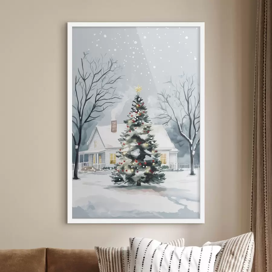 Fotobehang Winterstad, versierde dennenboom, kerstmis, aquarel f41364