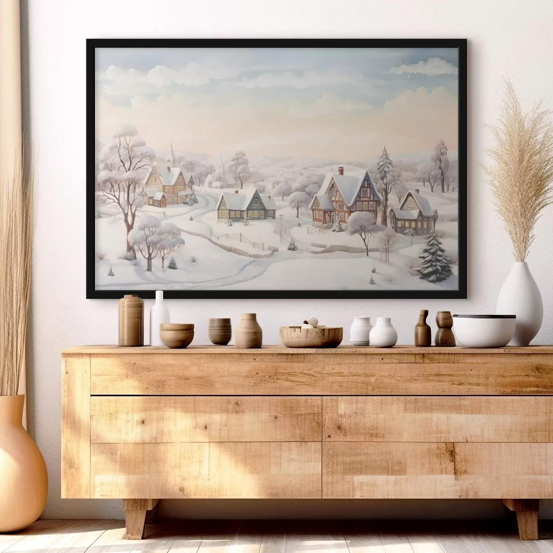 Fotobehang Prachtig winterlandschap met dorp, bomen, huizen, aquarel f41379